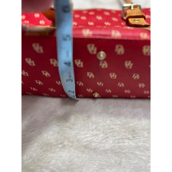 Dooney & Bourke Red Monogrammed Satchel Handbag With Tan Leather Trim & Handles - Picture 5 of 7